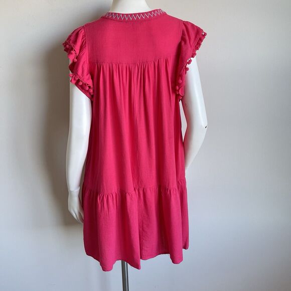 Umgee Floral Embroidered Boho Linen Blend A-line Dress Pom Pom Trim Pink - Small - Picture 7 of 12